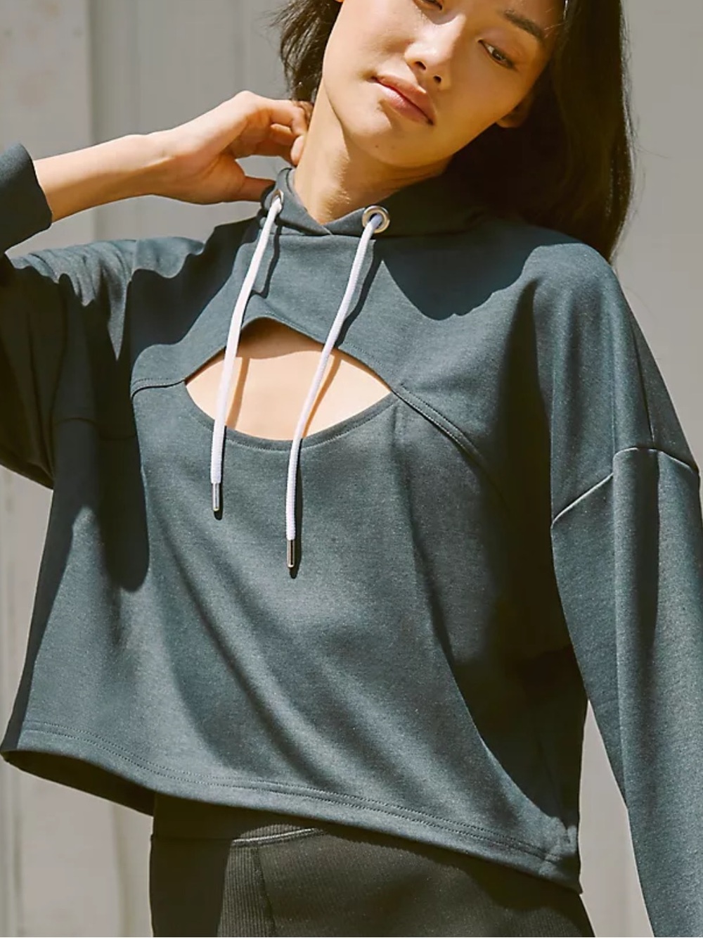 Anthropologie Hooded Cut-Out Sweatshirt in Deep Teal with White Drawcords small